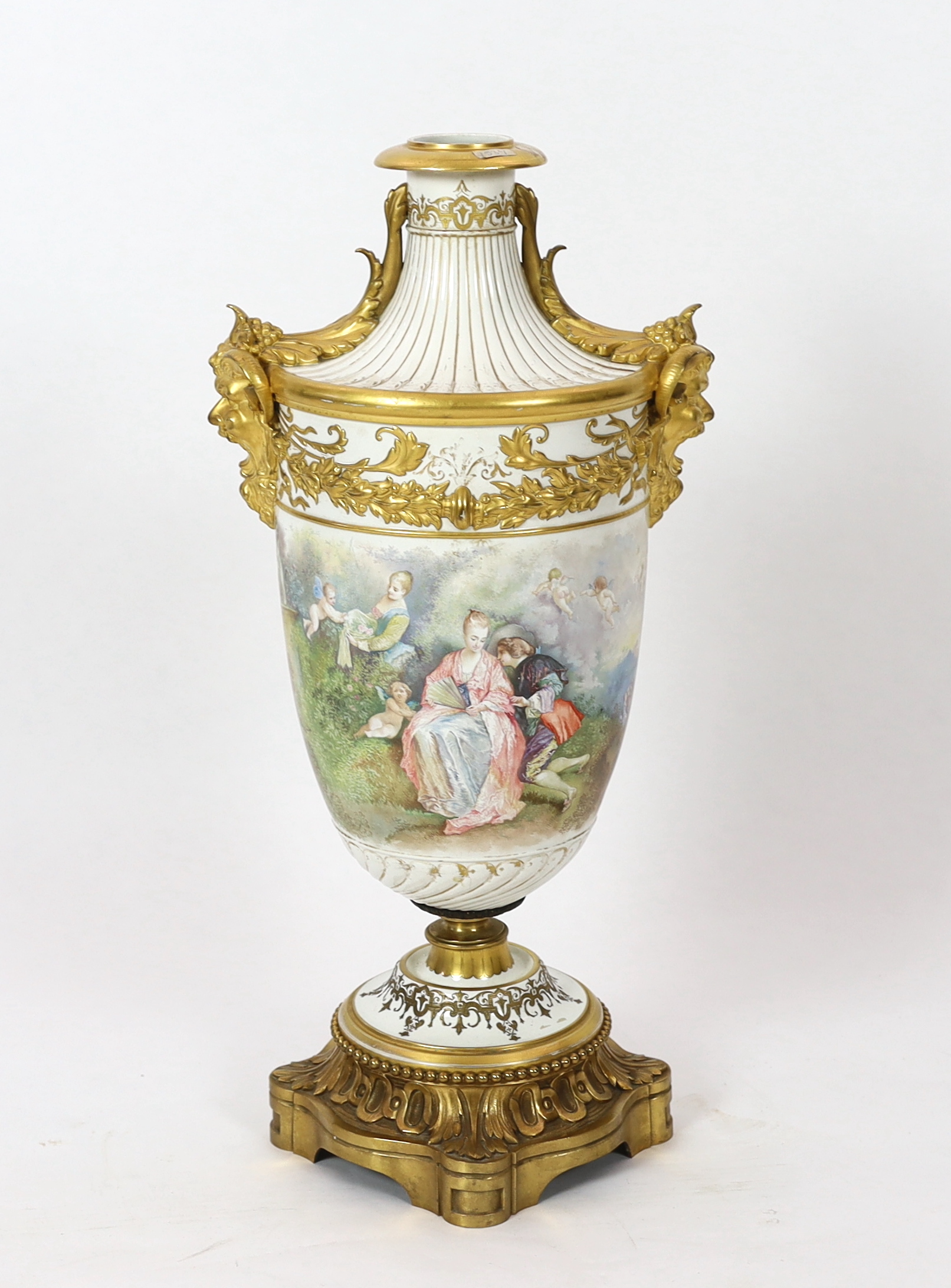 A large French porcelain and ormolu mounted vase, late 19th century, wear to gilding